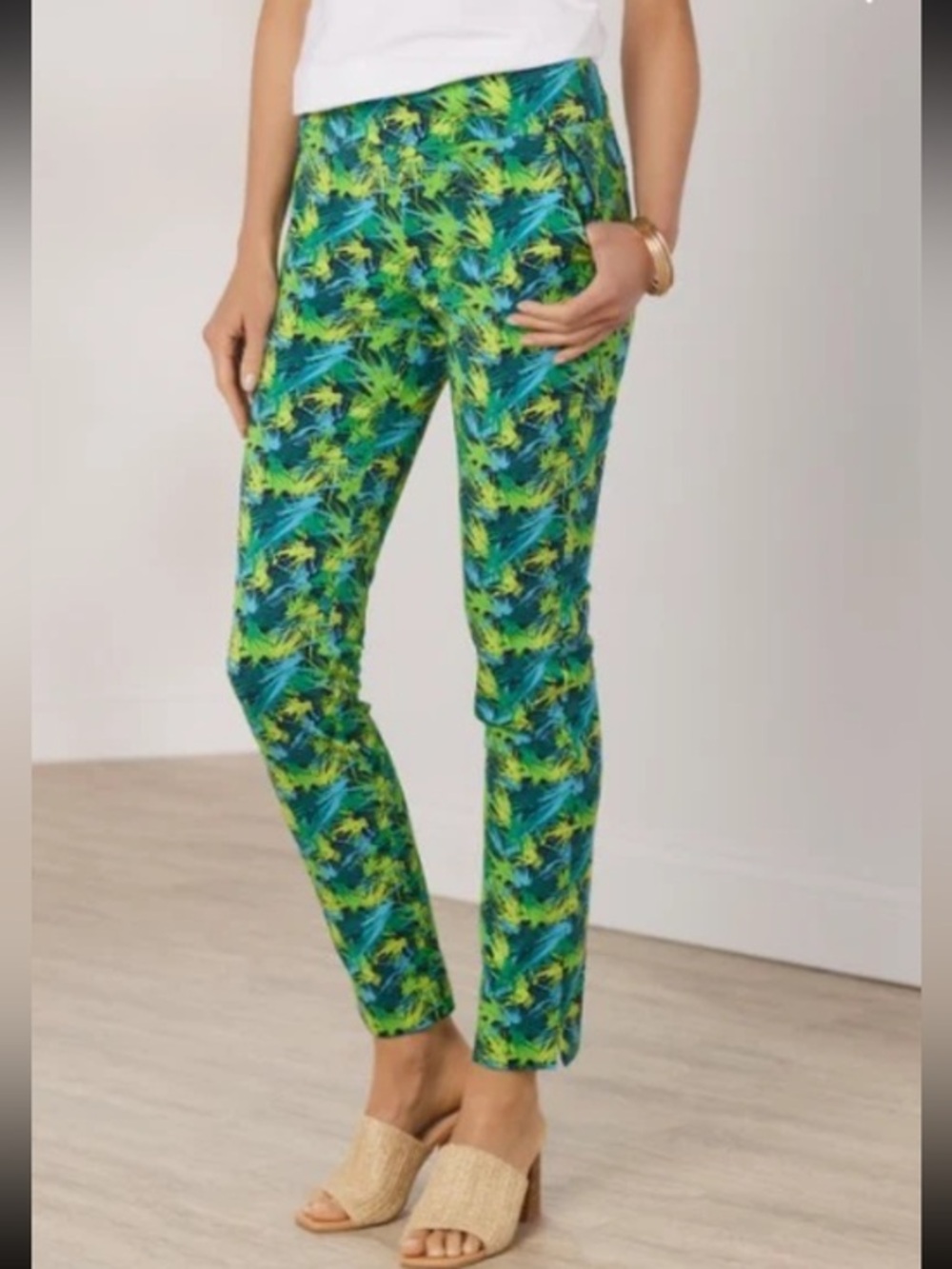 Soft Surroundings Blue Green Tropical-Print Skinny Stretchy Pants Size Medium